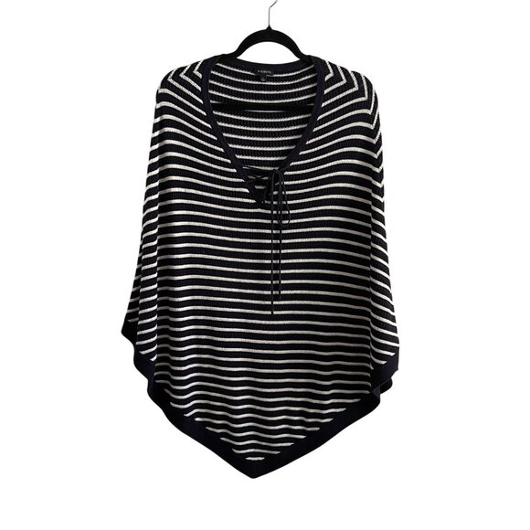 Talbots Women L Navy Blue White Striped Knit Nautical Lace Up Sweater Poncho - Picture 2 of 9